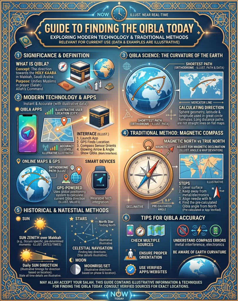 Detailed infographic explaining how to find the Qibla direction today using modern technology like smartphone apps and GPS, earth curvature science, magnetic compasses, and historical celestial methods.