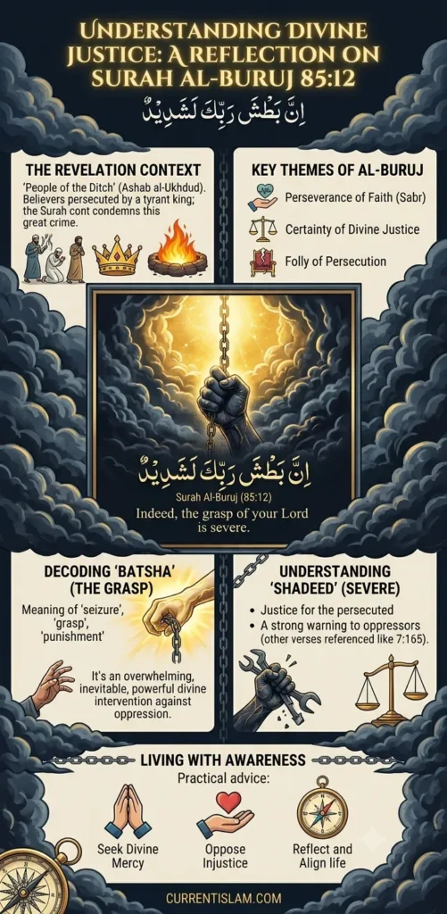 A detailed infographic explaining the Quranic verse Inna batsha rabbika la shadeed (Surah Al-Buruj 85:12). It includes sections on the revelation context of the People of the Ditch, the linguistic breakdown of the words batsha and shadeed, and practical advice for applying the verse in modern daily life to combat injustice.
