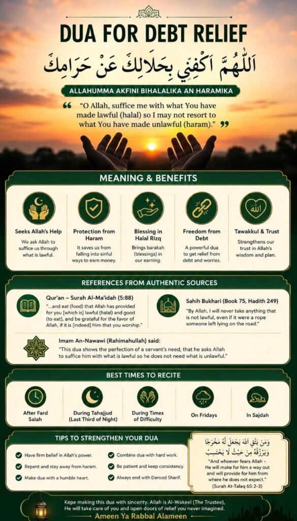 Detailed Islamic infographic providing a complete guide to the specific 'Dua for Debt Relief' (Allahumma akfini bihalalika an haramika). Includes the full Arabic text, transliteration, and English meaning. The guide is structured into 4 key sections. **SECTION 1: MEANING & BENEFITS** - (1) Seeks Allah's Help, (2) Protection from Haram, (3) Blessing in Halal Rizq, (4) Freedom from Debt, (5) Tawakkul & Trust. **SECTION 2: REFERENCES FROM AUTHENTIC SOURCES** - Cites Quran Surah Al-Ma'idah (5:88), Hadith Sahih Bukhari (Book 75, Hadith 249), and a quote from Imam An-Nawawi on the perfection of a servant's need. **SECTION 3: BEST TIMES TO RECITE** - (1) After Fard Salah, (2) During Tahajjud, (3) During Times of Difficulty, (4) On Fridays, (5) In Sajdah. **SECTION 4: TIPS TO STRENGTHEN YOUR DUA** - (1) Firm belief, (2) Sincere heart, (3) Combine with effort, (4) Repent from haram, (5) Stay consistent, (6) End with Darood. Final prayer: 'Ameen Ya Rabbal Alameen'.