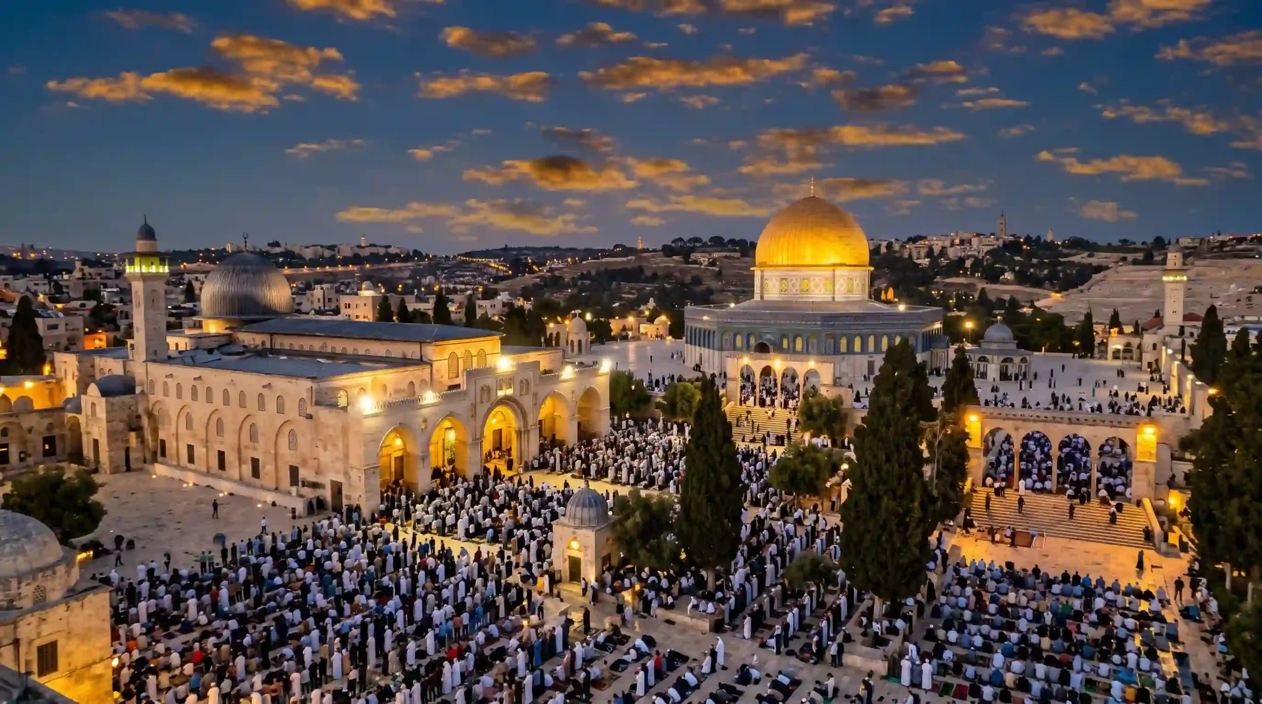 Panoramic view of the Masjid Al-Aqsa compound at dusk, showing Muslim worshippers gathered near the Dome of the Rock and Qibli Mosque in the Old City of Jerusalem.