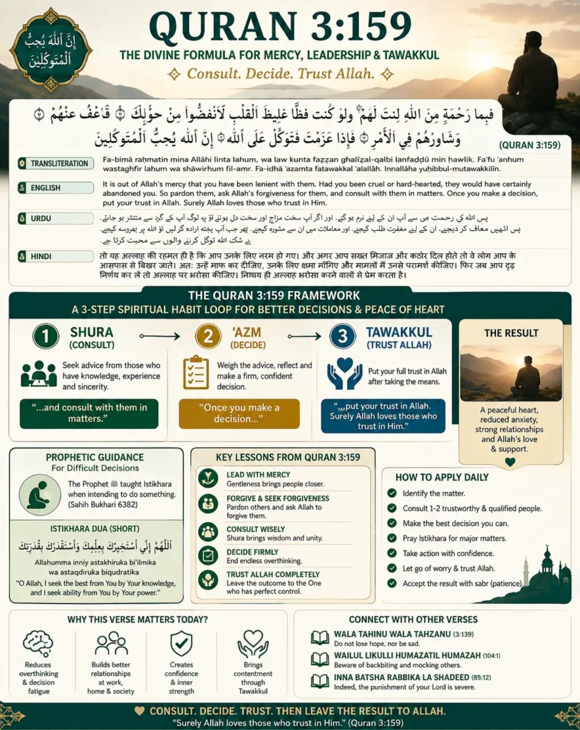 Quran 3:159 infographic explaining Shura, ʿAzm, Tawakkul, Istikhara, and practical Islamic decision-making