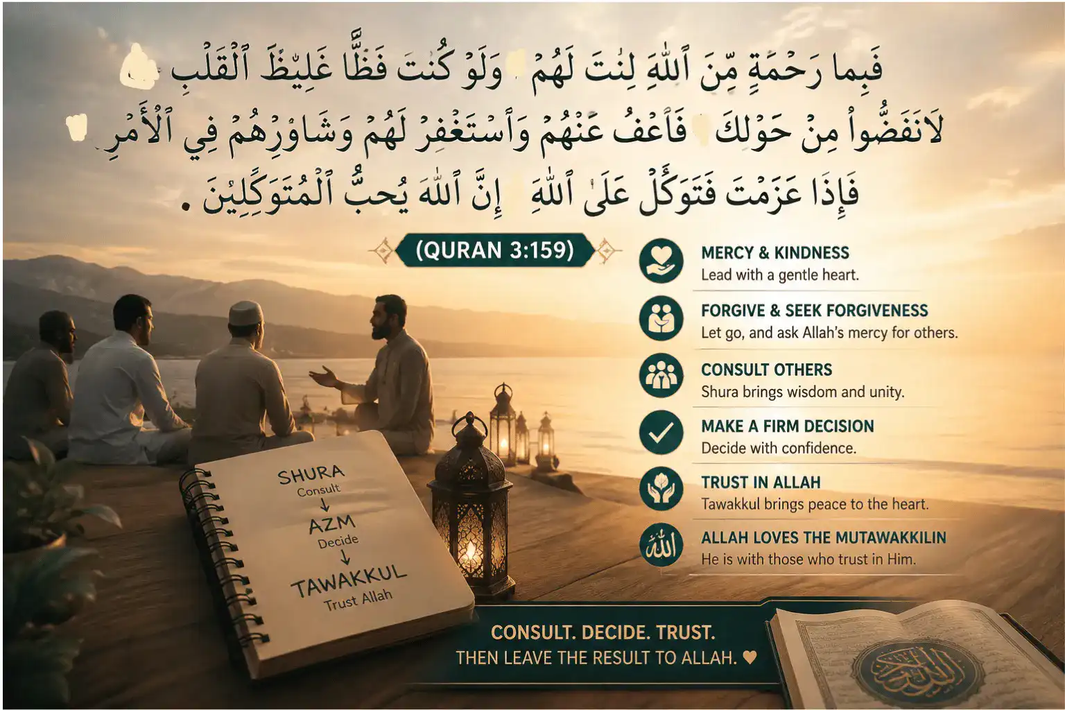 Quran 3:159 showing the Islamic framework of Shura, firm decision-making, and Tawakkul