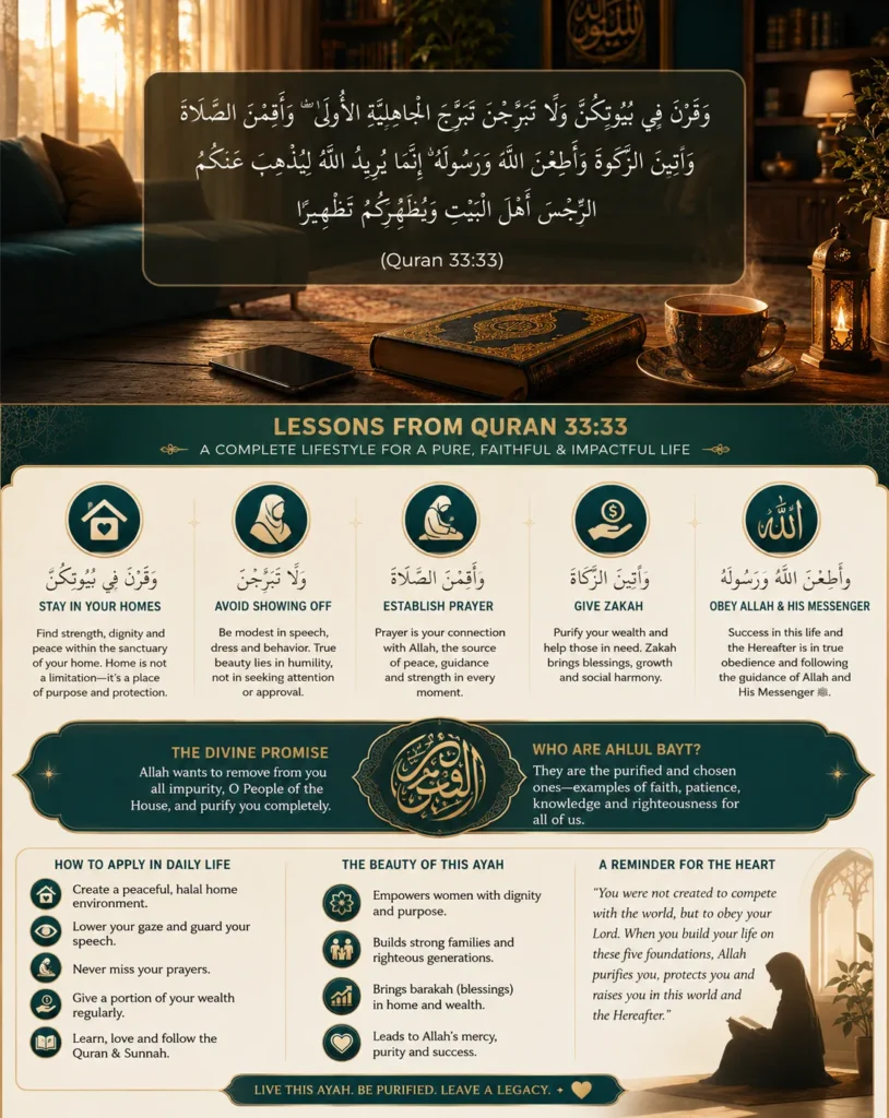 Quran 33:33 infographic explaining prayer, modesty, zakah, obedience, purification, Ahlul Bayt, and Islamic daily-life lessons