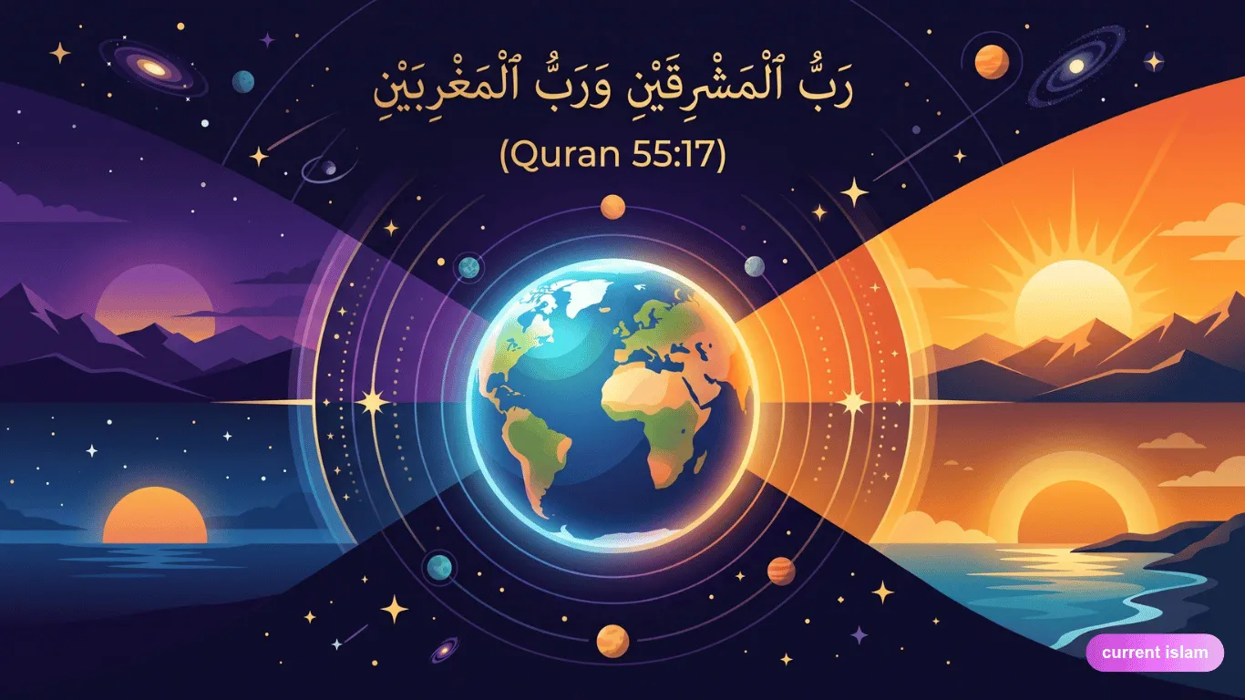 An illustrated Islamic art piece featuring a central glowing Earth in space, with day and night horizons. Above it, gold calligraphy of the Arabic words "Lord of the two easts and Lord of the two wests" with the reference "(Quran 55:17)". The left side shows a night sunset, and the right side a bright day sunrise.