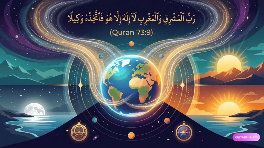 A vibrant Islamic illustration featuring a central Earth surrounded by glowing orbits, bordered by a daytime sunrise on the right and a moonlit night on the left. Above the Earth is gold Arabic calligraphy of Quran 73:9, "rabbul mashriqi wal maghrib la ilaha illallah". Navigational tools like an astrolabe and compass sit at the bottom.