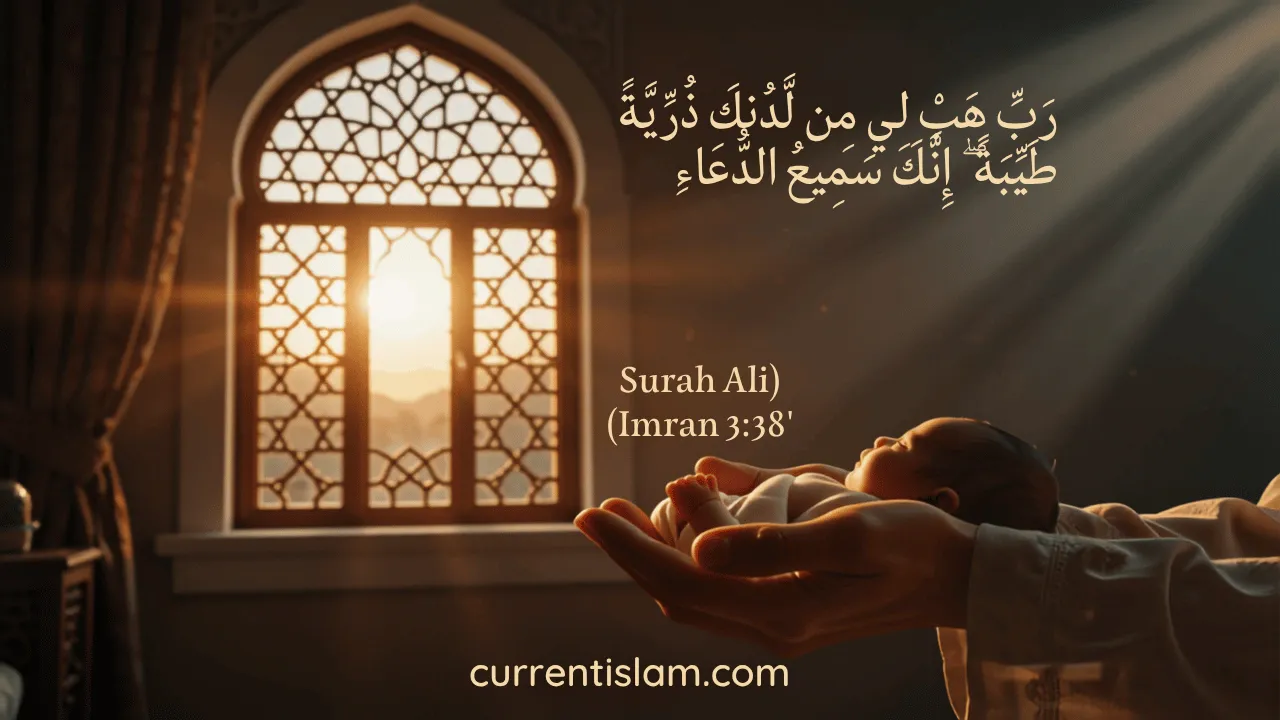 A newborn baby gently held in hands bathed in warm sunlight, featuring the Arabic text of the Rabbi habli min ladunka dua from Surah Ali Imran 3:38.