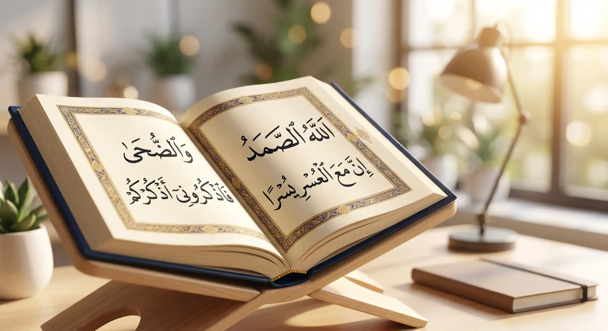 An open Quran resting on a wooden stand on a modern desk bathed in warm morning sunlight, representing short Ayat of the Quran for daily peace and anxiety relief.