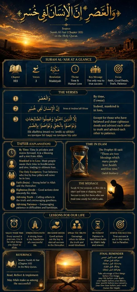 Detailed Islamic infographic explaining Surah Al-Asr, featuring the Arabic text "wal asri innal insana lafi khusr" with English translation, Tafsir on the value of time, and core lessons for Muslims.