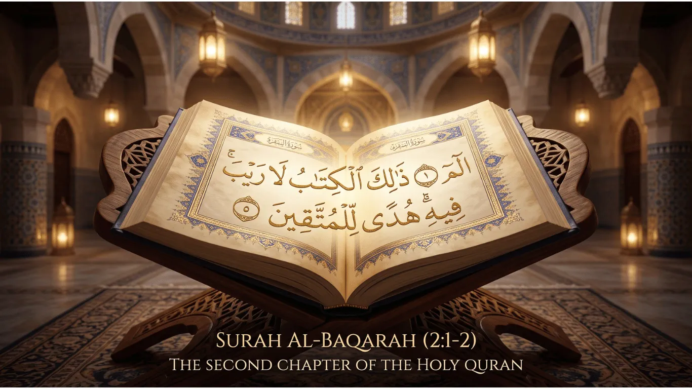 An open Holy Quran resting on a carved wooden stand inside a beautifully lit mosque, displaying the Arabic verses of Surah Al-Baqarah 2:1-2, Alif Laam Meem Zalikal Kitabu La Raiba Fee.