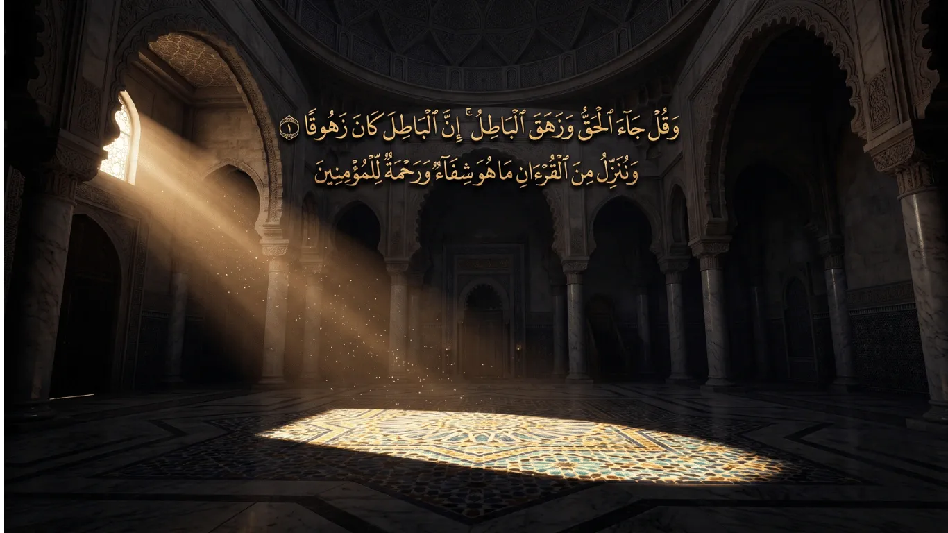 A grand mosque interior at dawn illuminated by a powerful beam of sunlight, featuring the golden Arabic text of Surah Al Isra Ayat 81-82, symbolizing the triumph of truth over anxiety and falsehood.