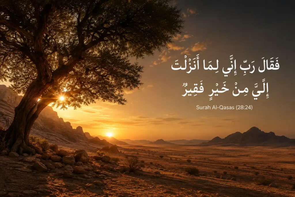 A vibrant desert sunrise glowing through the branches of a large tree, displaying the Arabic calligraphy of Surah Al-Qasas Ayat 24, Rabbi inni lima anzalta ilayya min khairin faqir, the Quranic dua for a good job and righteous spouse.