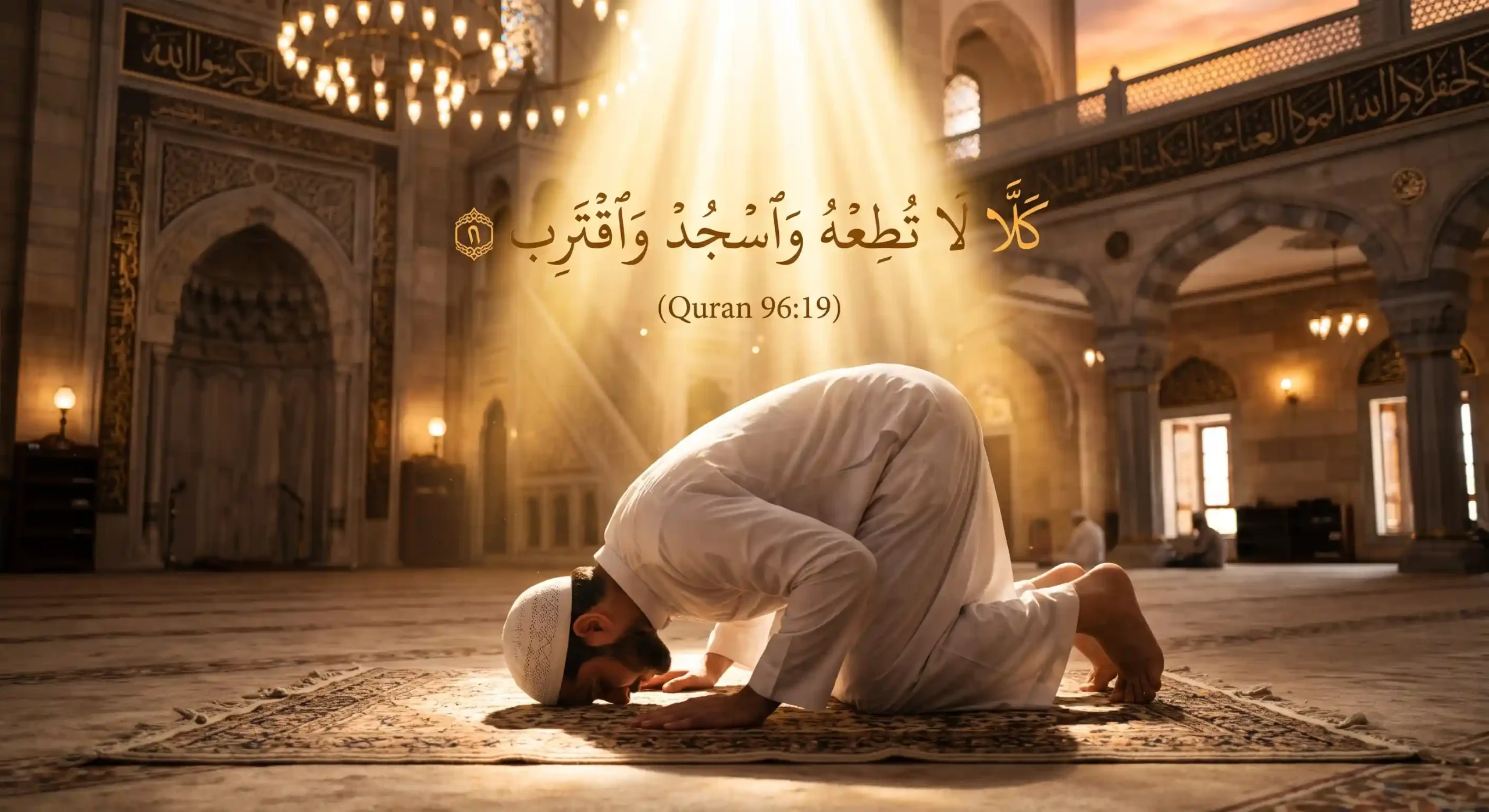 A Muslim man in Sujood (prostration) inside a luminous mosque, featuring the Arabic calligraphy of Surah Al-Alaq Ayat 19, Wasjud Waqtarib, meaning prostrate and draw near.