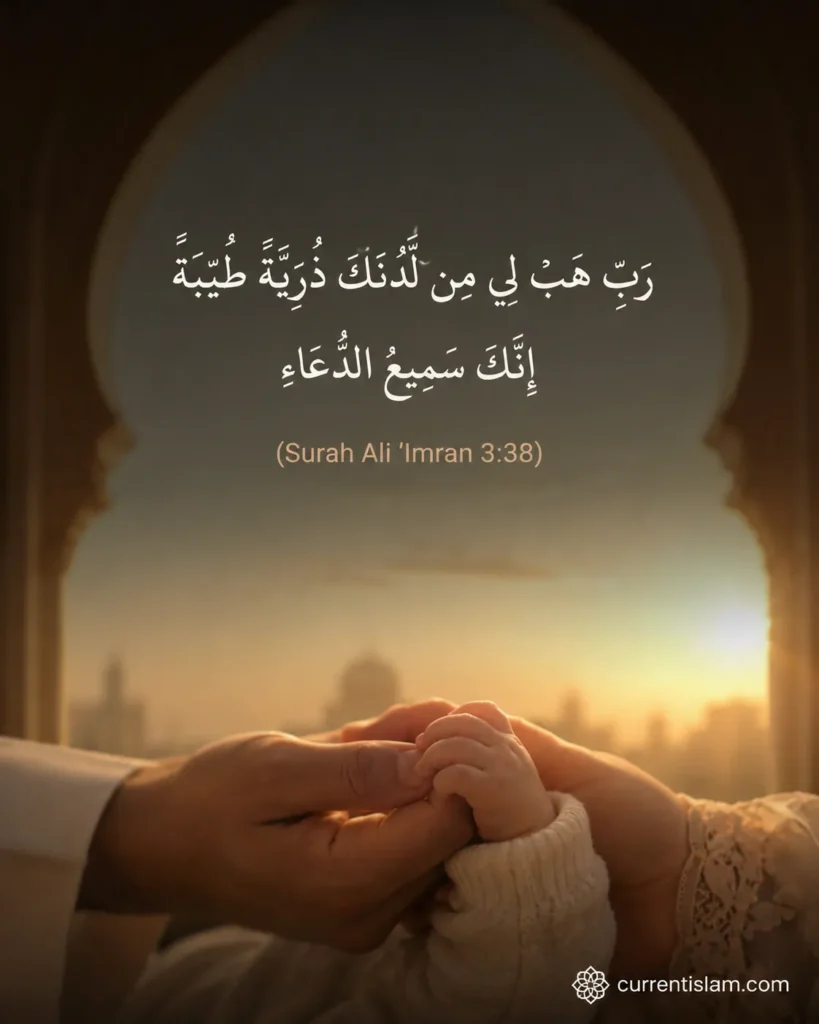Infographic showing a parent holding a baby's tiny hand against a glowing sunrise backdrop, featuring the complete Arabic text of Surah Ali Imran Ayat 38.