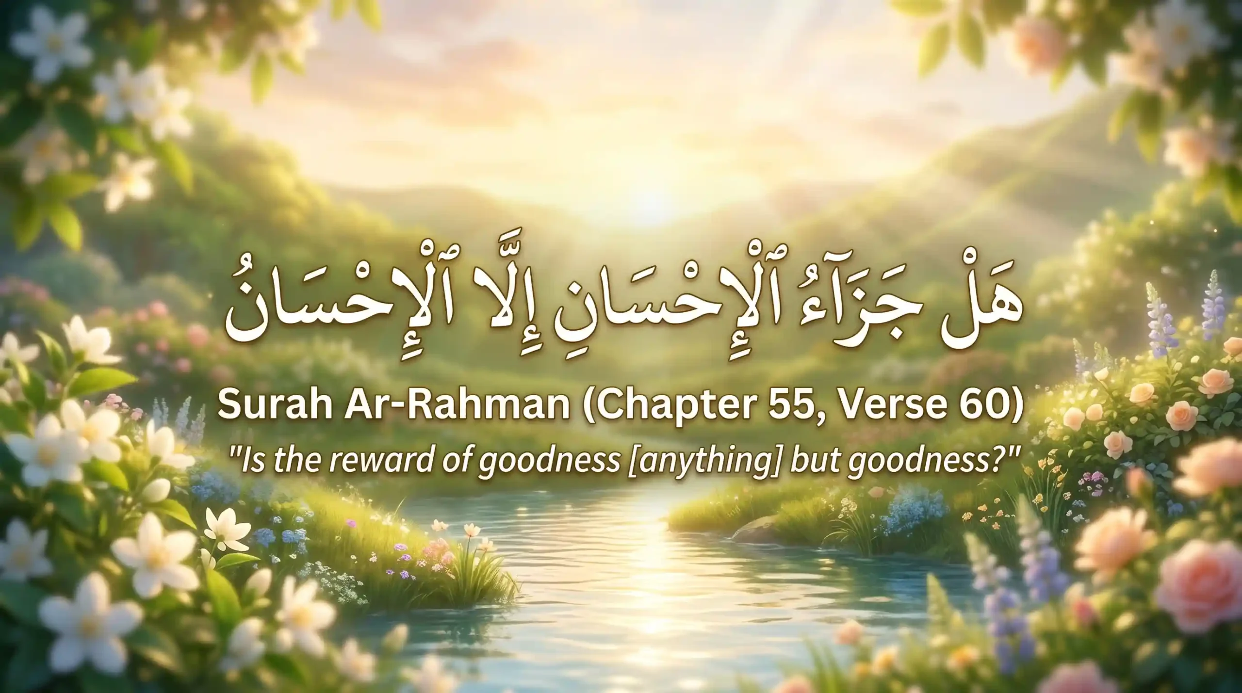 An elegant landscape image centered on Arabic calligraphy of the verse 'Hal jazā'u al-iḥsāni illā al-iḥsān' and English text: 'Surah Ar-Rahman (Chapter 55, Verse 60) - "Is the reward of goodness [anything] but goodness?"' Set against a serene garden of roses, jasmine, a flowing river, and a glowing sunrise.
