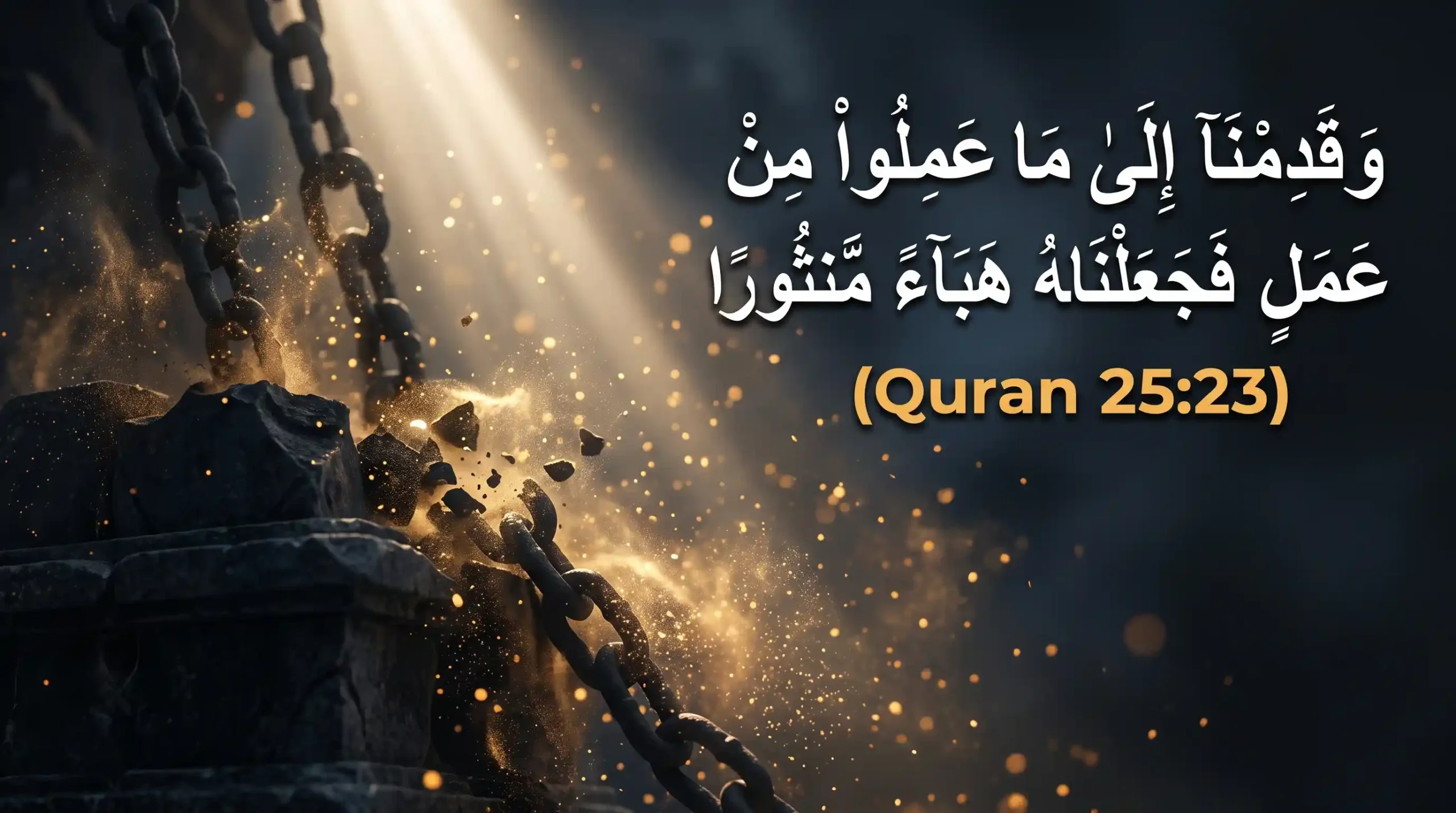 Heavy stone chains disintegrating into glowing golden dust, featuring the Arabic text of Surah Furqan Ayat 23, representing the removal of unseen marriage obstacles.