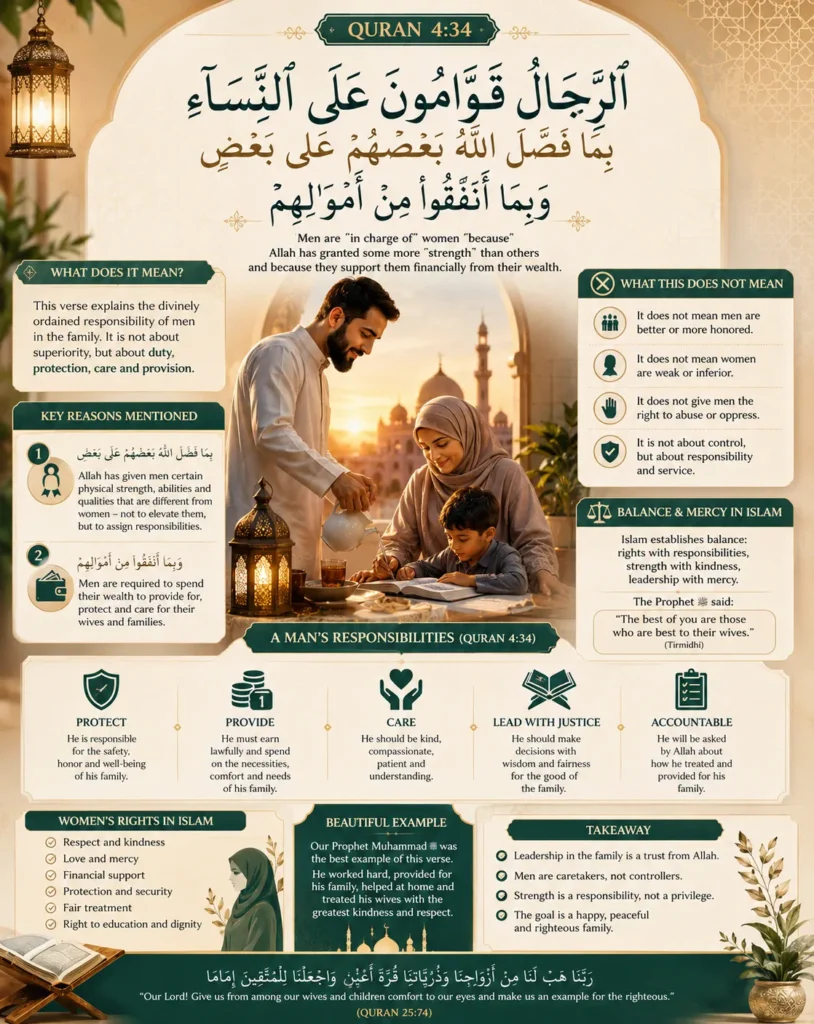 Comprehensive infographic explaining Surah Nisa Ayat 34, Qiwamah, responsibilities, and rights in Islam