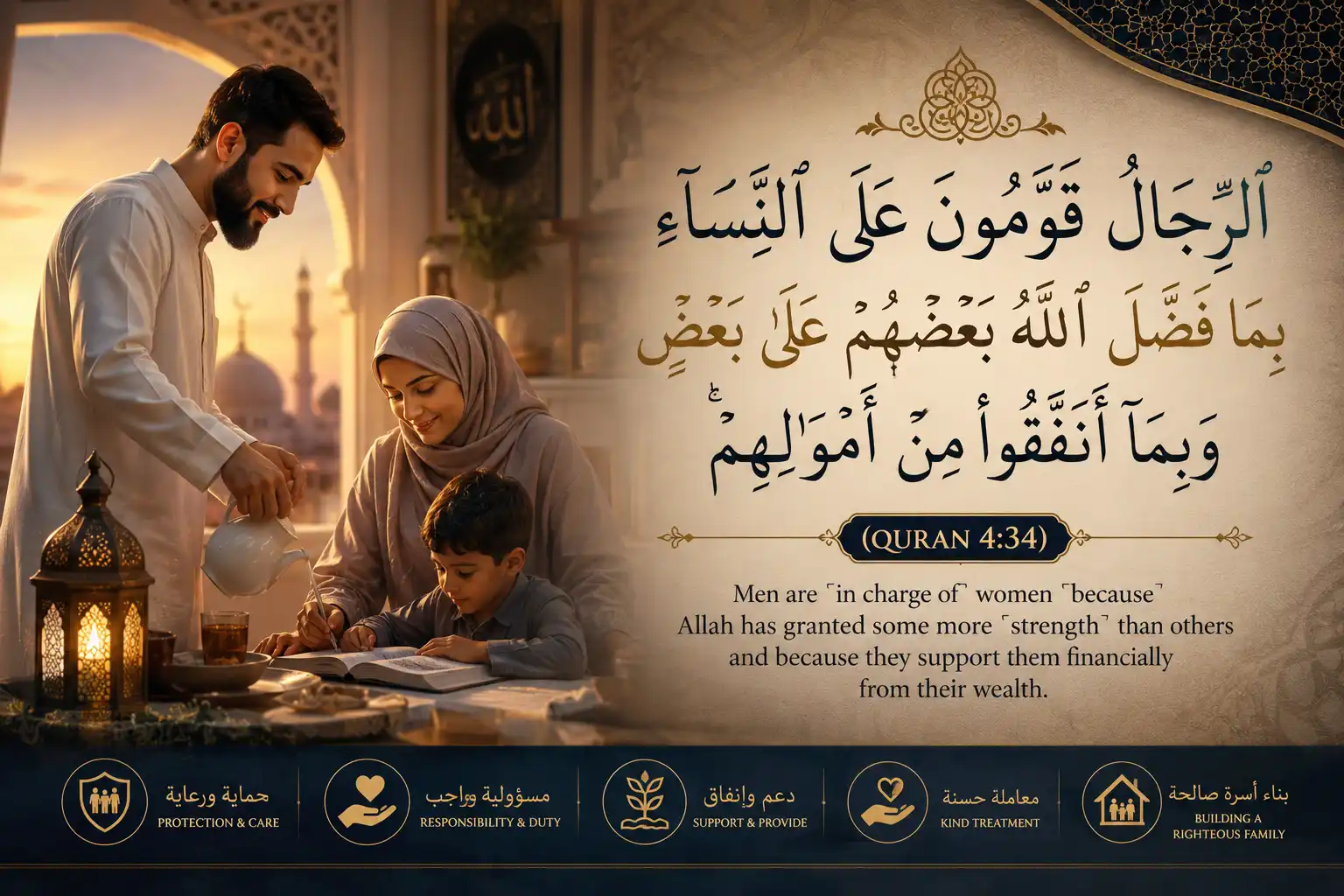 Surah An-Nisa Verse 34 Arabic calligraphy with English translation depicting a Muslim family