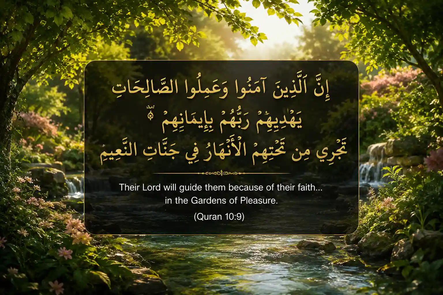Quran 10:9 (Surah Yunus Ayat 9) in gold Arabic text with English translation, overlaid on a photorealistic lush garden and flowing river representing Jannat al-Naeem.