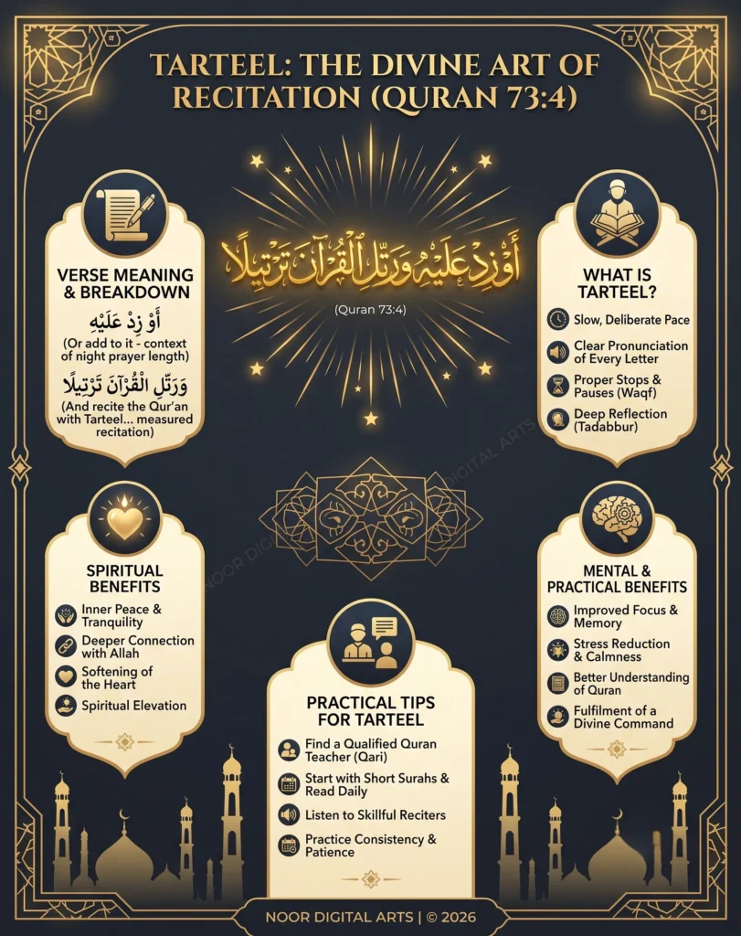 An infographic titled 'Tarteel: The Divine Art of Recitation' detailing the meaning of Quran 73:4, defining Tarteel as a slow, deliberate pace, and listing spiritual benefits like inner peace alongside mental benefits like improved focus.