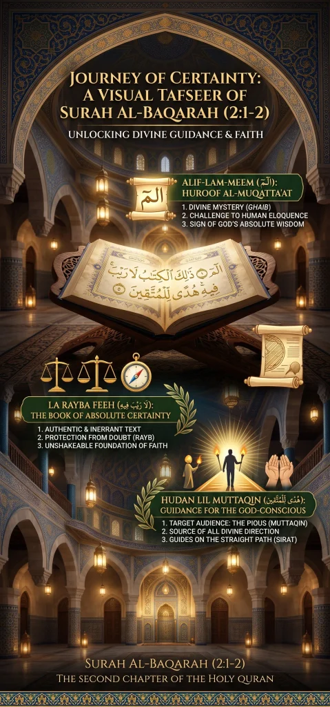 A detailed vertical infographic providing a visual Tafseer of Surah Al-Baqarah verses 1 and 2. It breaks down the meanings of Alif Lam Meem as a divine mystery, La Rayba Feeh alongside scales of absolute certainty, and Hudan Lil Muttaqin showing a guided path of light.