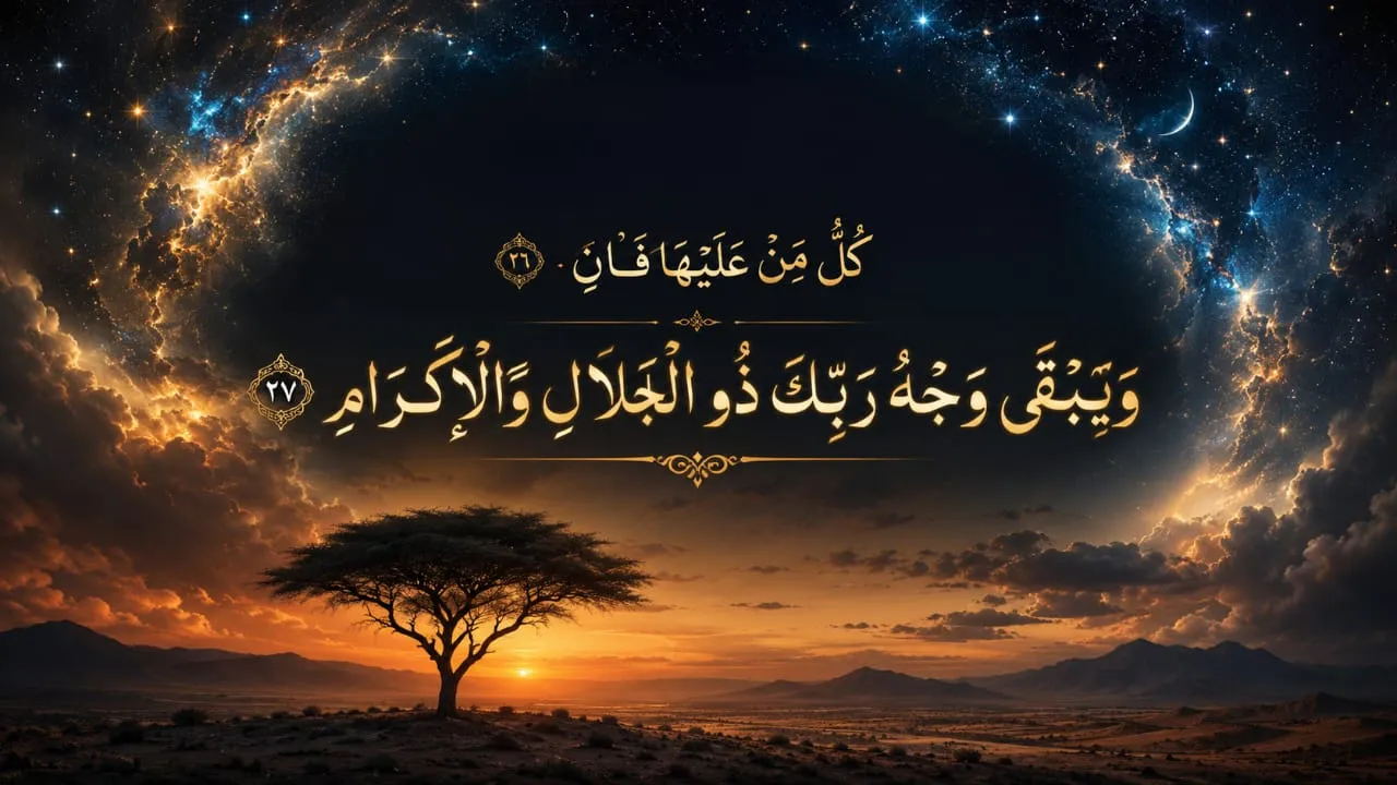 Golden Arabic calligraphy of 'wa yabqa wajhu rabbika zul jalali wal ikram' and 'kullu man alaiha faan' (Surah Ar-Rahman 55:26-27) glowing against a cosmic starry night and a fading desert sunset, symbolizing the eternal majesty of Allah.