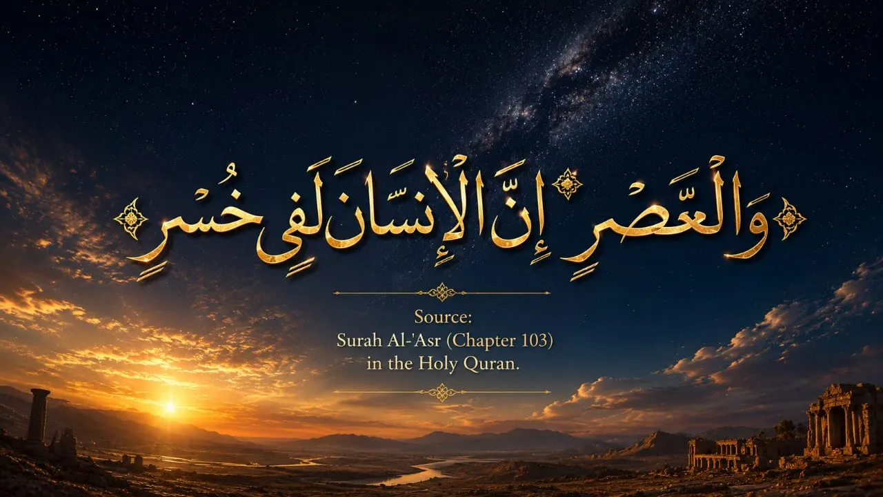 Golden Arabic calligraphy of the Quranic verse "wal asri innal insana lafi khusr" from Surah Al-Asr, glowing against a cinematic twilight landscape transitioning into a starry night sky.