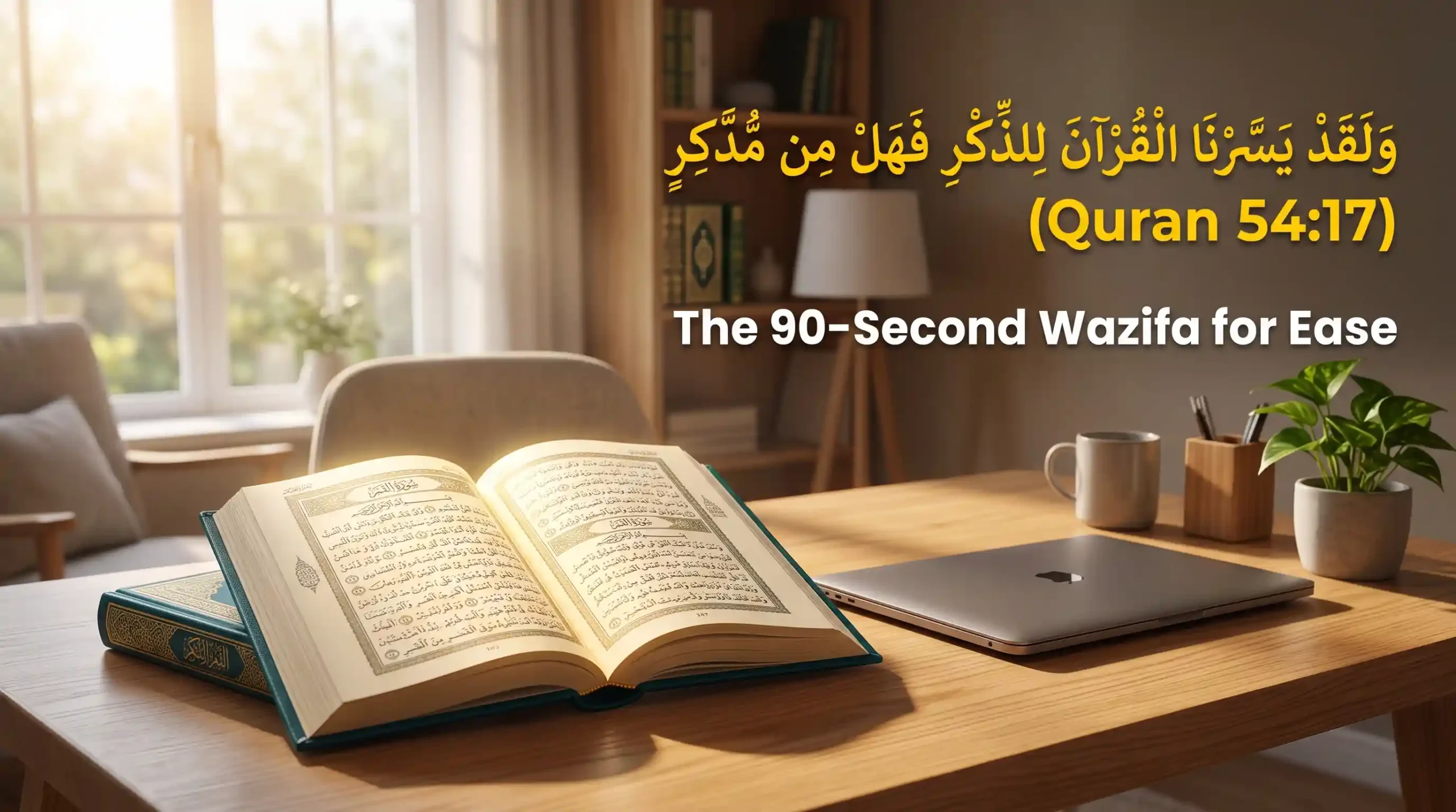 A faintly glowing open Quran resting on a modern wooden desk next to a laptop, overlaid with the golden Arabic text of Walaqad yassarnal quran from Surah Al-Qamar 54:17 and the English phrase "The 90-Second Wazifa for Ease".