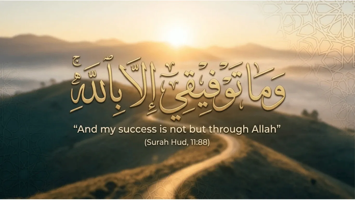Islamic calligraphy on a sunset background with a winding road. The gold Arabic script and English translation state, 'And my success is not but through Allah' (Surah Hud 11:88).