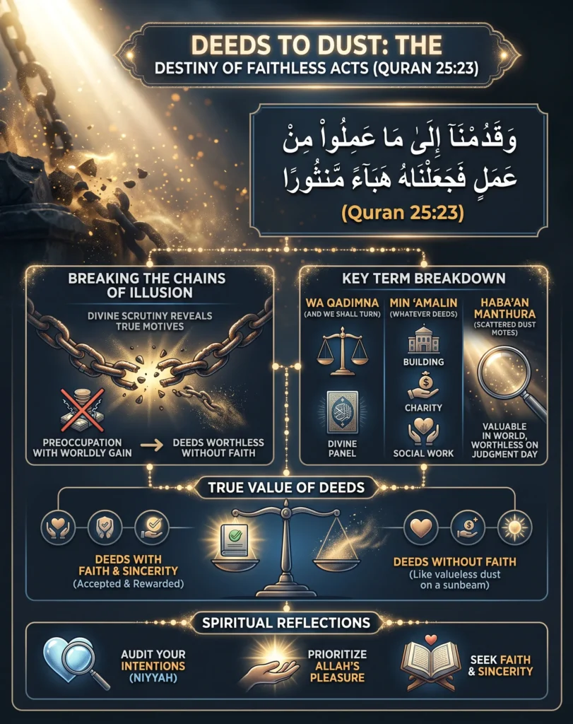 Detailed infographic explaining the meaning of Waqadimna Ila Ma Amilu Min Amalin from Surah Furqan Ayat 23, breaking down the true value of deeds and spiritual reflections.