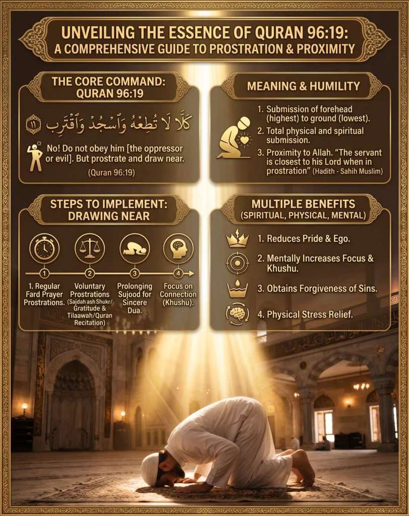 Infographic explaining Quran 96:19, Wasjud Waqtarib. It details the core command to prostrate and draw near, the meaning of humility in Islam, daily implementation steps including voluntary prostrations, and the spiritual, mental, and physical benefits of Sujood.