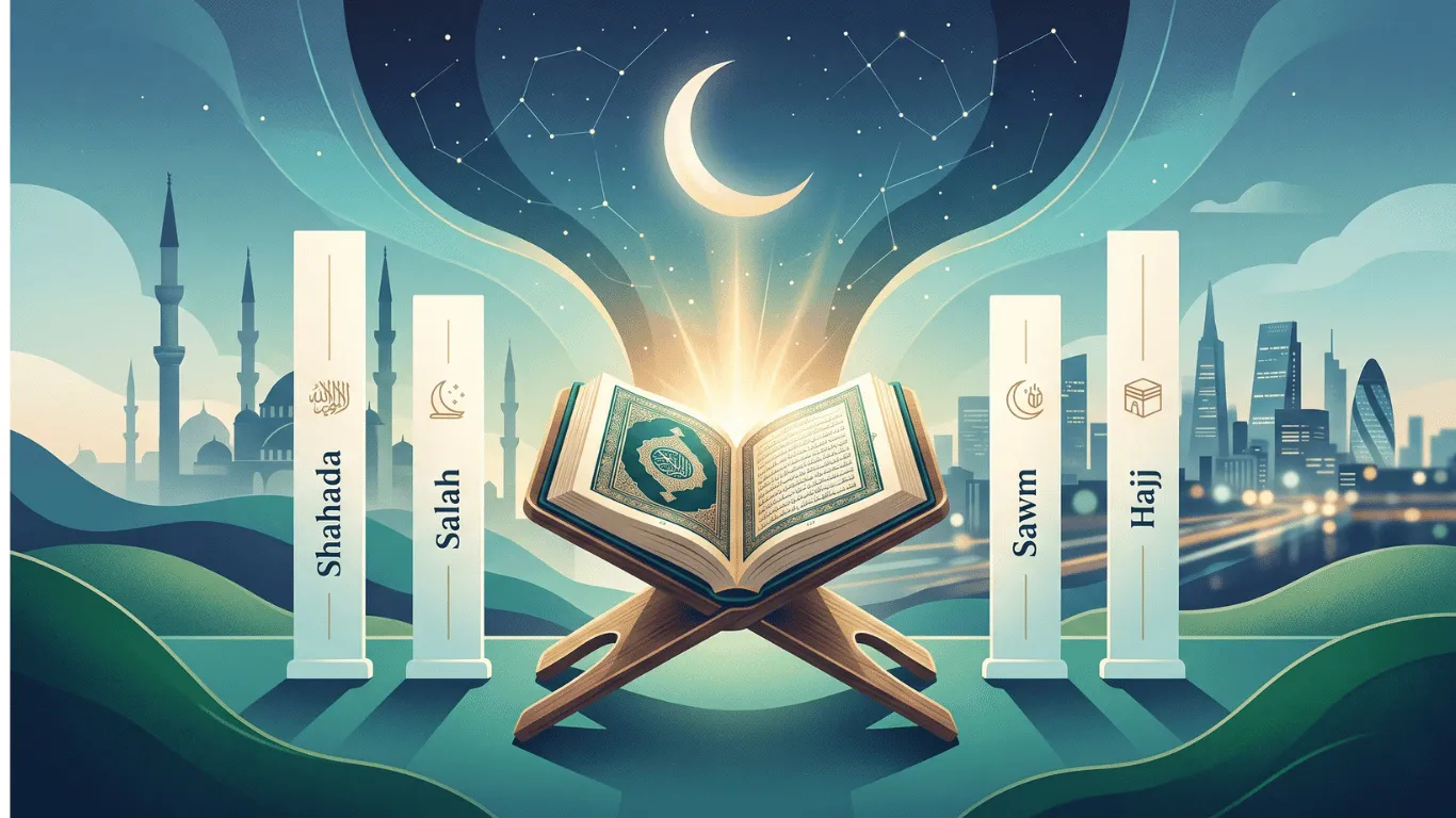 Conceptual illustration for the Islam religion. A glowing Holy Quran on a Rehal stand, five abstract teal pillars labeled with modern text, and a cityscape skyline under a crescent moon, illustrating faith in modern life.