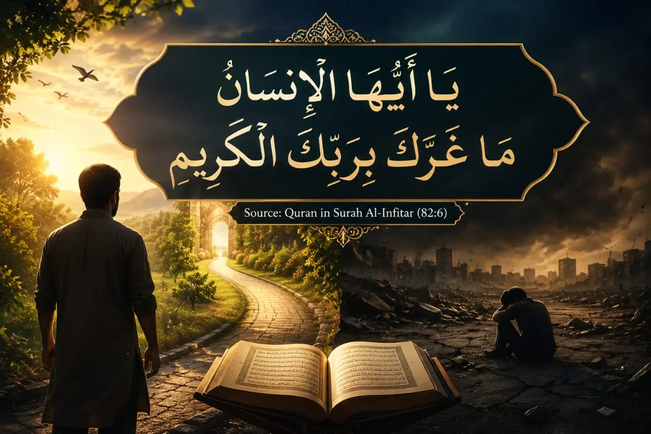 Arabic calligraphy of Ya ayyuhal insan ma gharraka from Surah Al-Infitar (82:6) floating above an open Quran, with a background contrasting a bright guided path and a dark ruined city to represent spiritual deception.