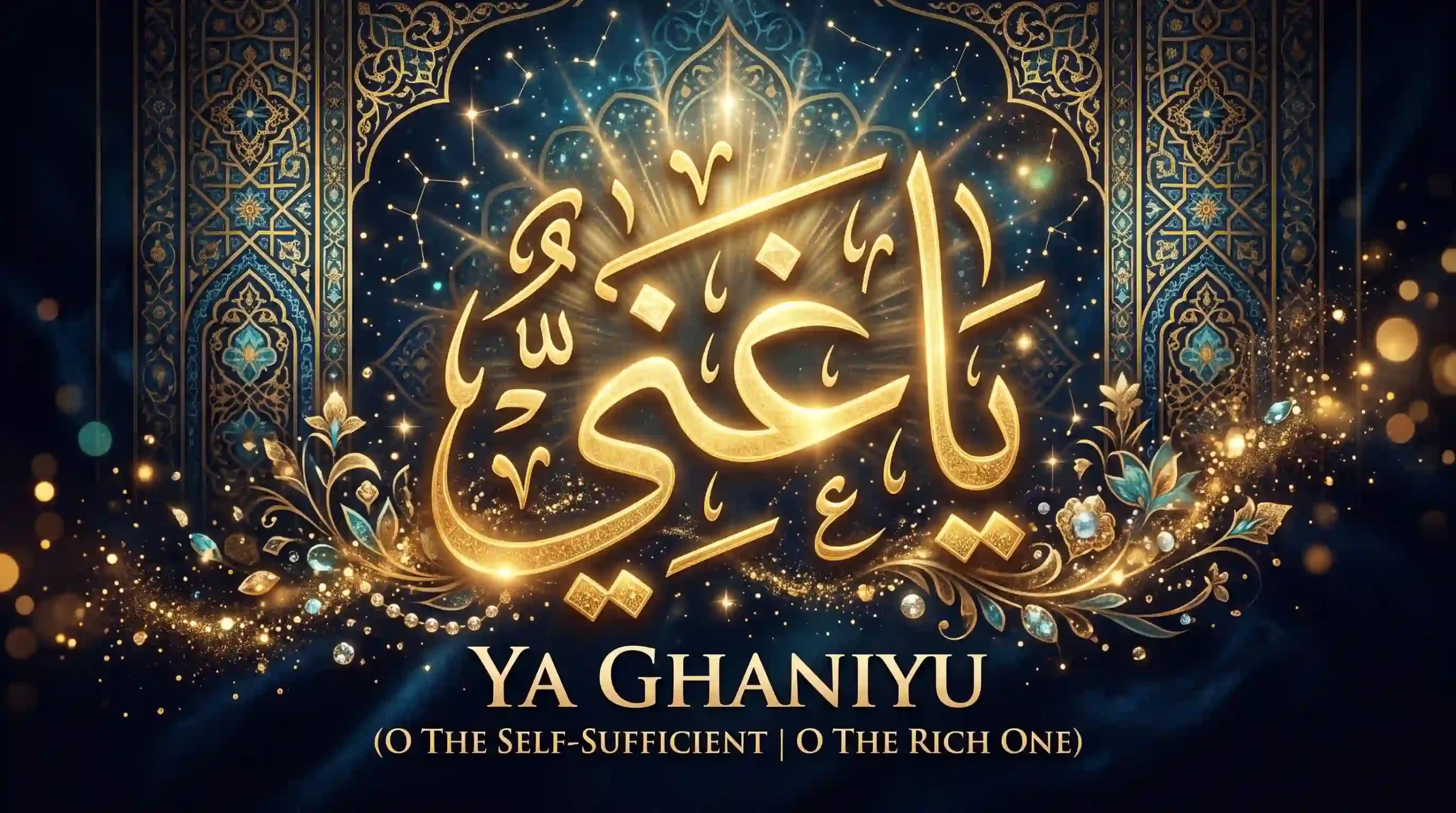 Golden Arabic calligraphy of Ya Ghaniyu with the English meaning "O The Self-Sufficient" and "O The Rich One" on a dark blue background.