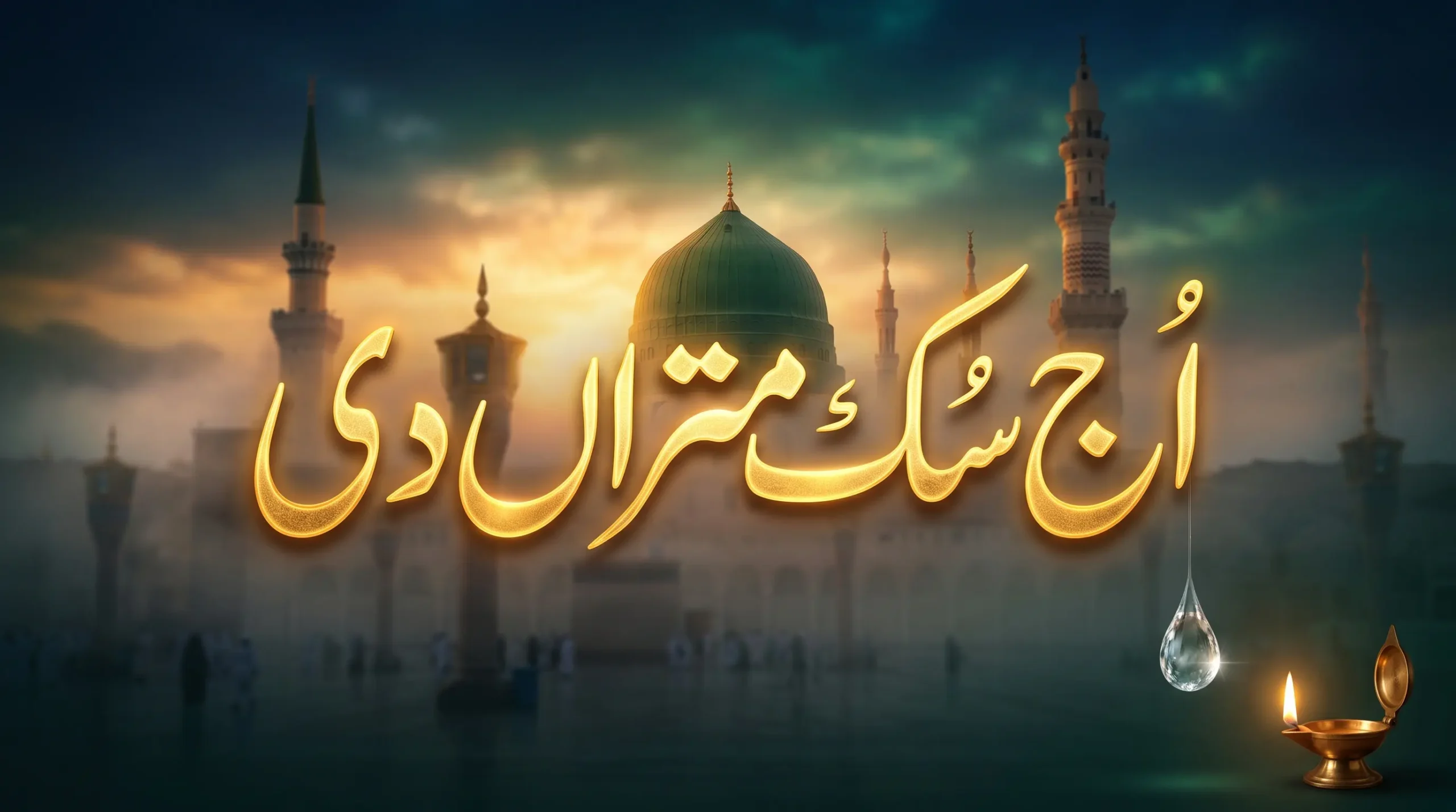 Cinematic golden Urdu calligraphy of Aj Sik Mitran Di naat lyrics floating over a soft-focus silhouette of the Green Dome of Masjid al-Nabawi at dawn.