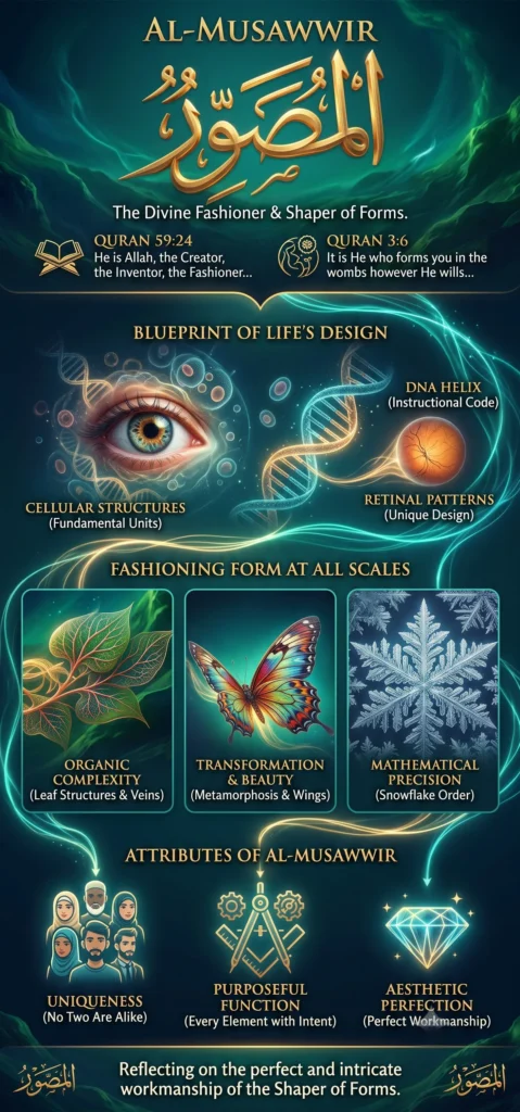Educational infographic explaining the divine attribute Al-Musawwir, The Shaper of Forms. It details the Blueprint of Life's Design with graphics of an eye and DNA, Fashioning Form at All Scales with a leaf, butterfly, and snowflake, and highlights Attributes of Uniqueness, Purposeful Function, and Aesthetic Perfection.
