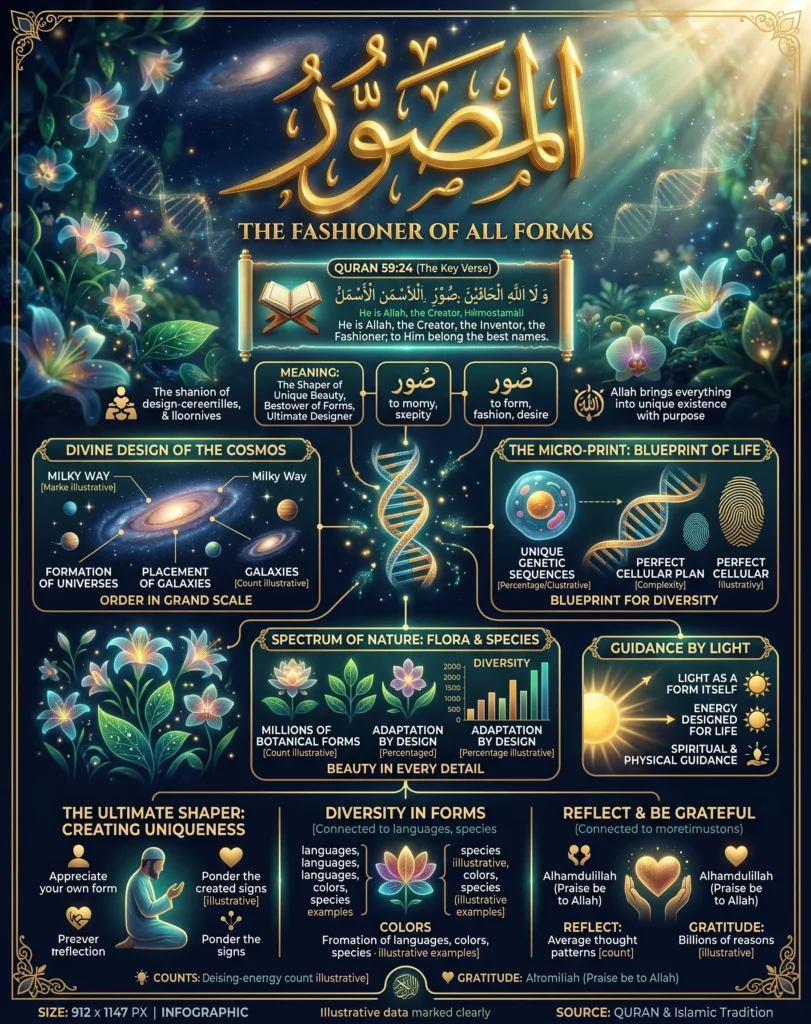 Detailed infographic titled "The Fashioner of All Forms" explaining Al-Musawwir, featuring Quran 59:24, the divine design of galaxies, DNA blueprints, and the spectrum of flora and species.