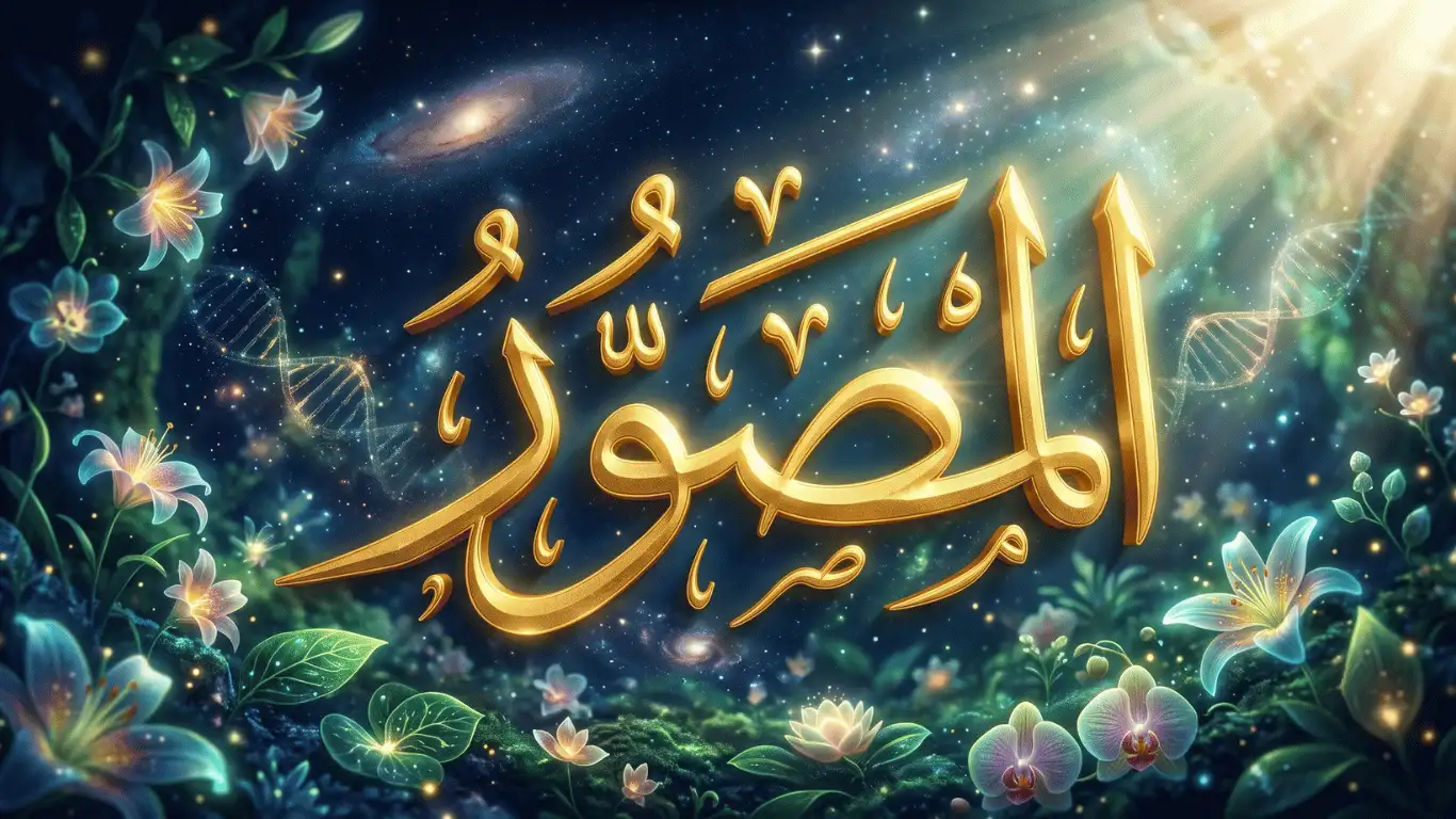 3D golden Thuluth script Arabic calligraphy of Al-Musawwir surrounded by glowing flora, genetic spirals, and cosmic stardust against a dark navy and emerald background.