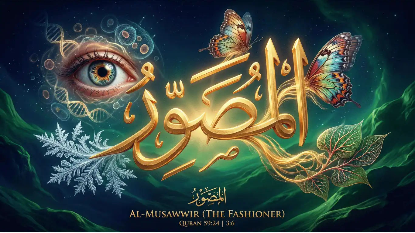 3D golden Arabic calligraphy of Al-Musawwir (The Fashioner) surrounded by an intricate human eye, DNA strands, a butterfly, a leaf, and a snowflake on an emerald background, representing God's diverse creation.