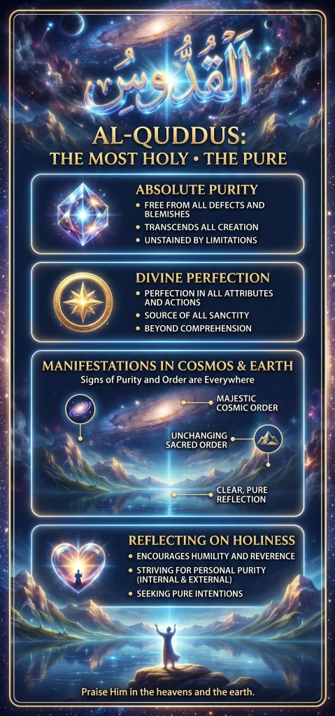 A detailed vertical infographic explaining the meaning of Al-Quddus. It breaks down the concepts of Absolute Purity, Divine Perfection, cosmic manifestations, and how Muslims can reflect on The Most Holy to cure perfectionism.