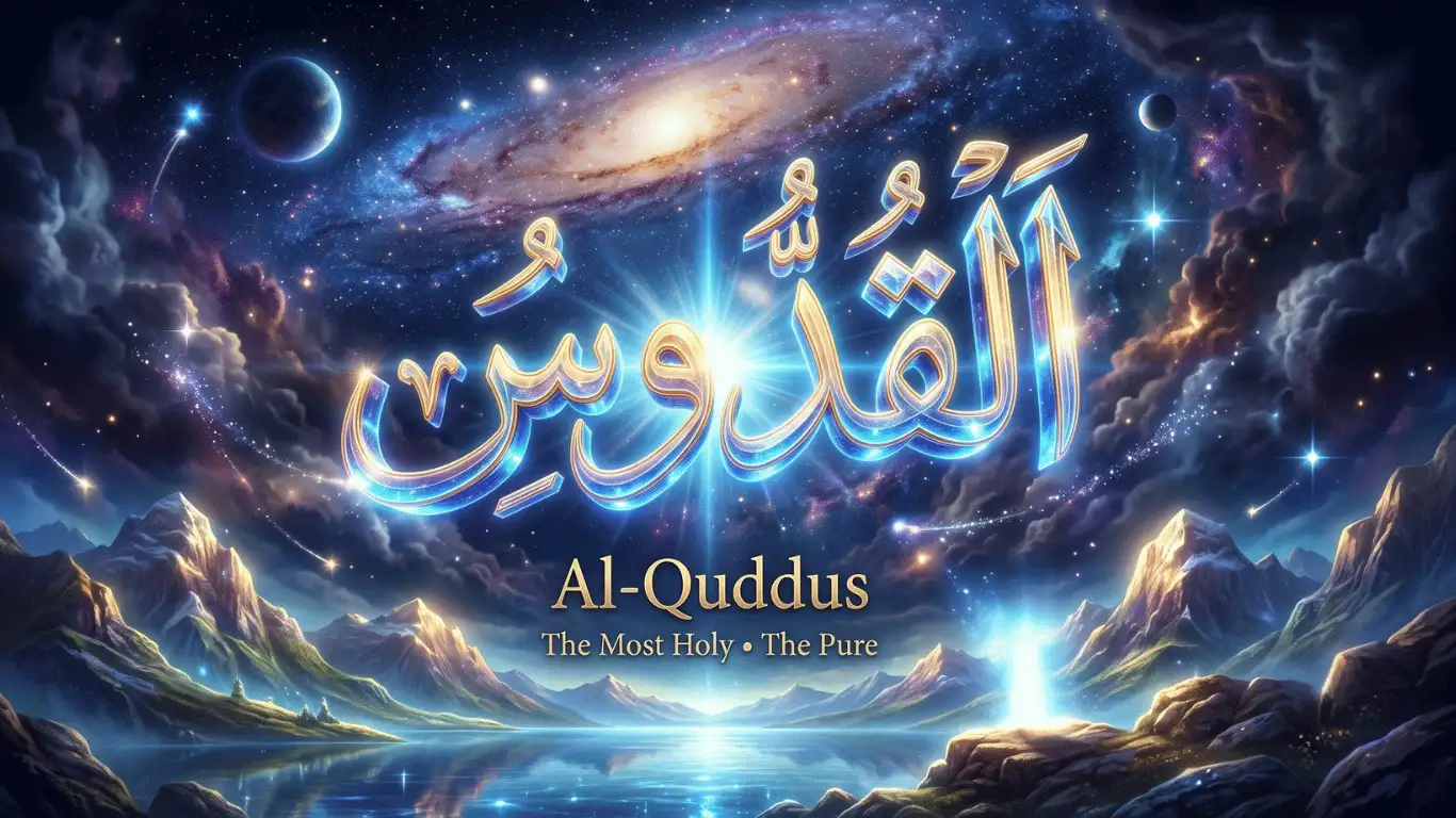 3D golden Arabic calligraphy of the divine Name Al-Quddus glowing against a cinematic cosmic sky and mountain landscape, representing Allah as The Most Holy and Pure One.