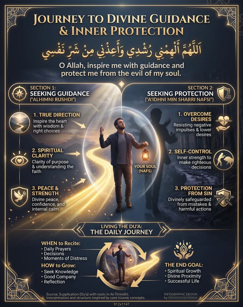 An informative infographic breaking down the Islamic Dua Allahumma Alhimni Rushdi, detailing its two main components: seeking divine guidance for spiritual clarity and seeking protection for self-control against the soul's evil.