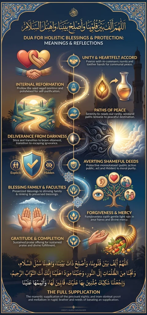 A comprehensive educational infographic detailing the meanings, reflections, and spiritual benefits of the Allahumma allif baina qulubina dua for holistic blessings and protection. A glowing central path connects visual nodes explaining key concepts: Unity and Heartfelt Accord, Internal Reformation, Paths of Peace, Deliverance from Darkness, Averting Shameful Deeds, Blessing Family and Faculties, Forgiveness and Mercy, and Gratitude. The full Arabic supplication is displayed against a navy blue and gold Islamic geometric background.