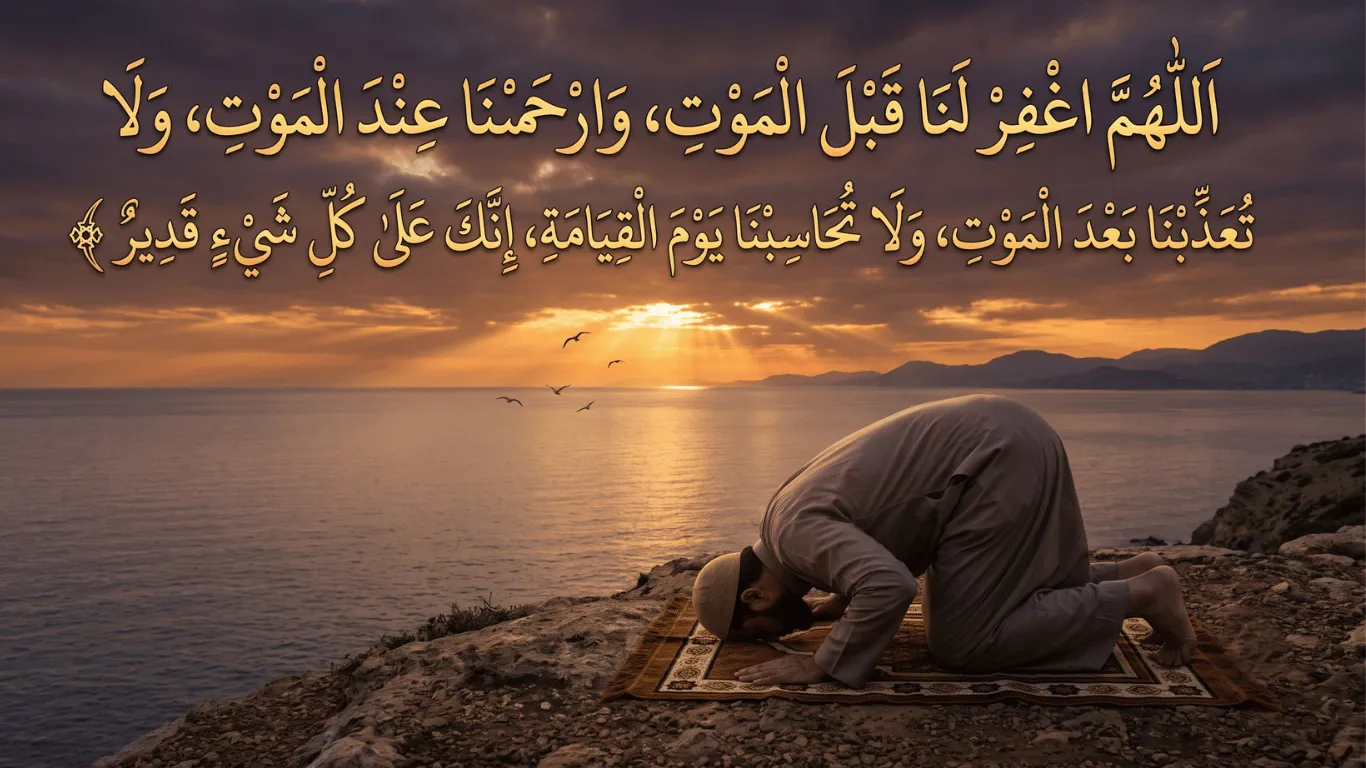 A cinematic, dramatic landscape photograph. A solitary Muslim man is in deep prostration (sujood) on a patterned prayer rug placed on a rugged, rocky cliff-edge. He is facing away, overlooking a vast, calm ocean during a magnificent sunset that fills the scene with warm, golden light. Birds are flying towards the light. In the upper sky area above him, large, elaborate, and prominent gold Arabic calligraphy displays the full Dua for forgiveness and mercy, starting with 'Allahumma Ighfir Lana qablal maut'. The script is highly ornate and glows against the warm clouds. The atmosphere is quiet, majestic, and full of faith and repentance. A small snip of repeated text is visible on the rugged stone ground.