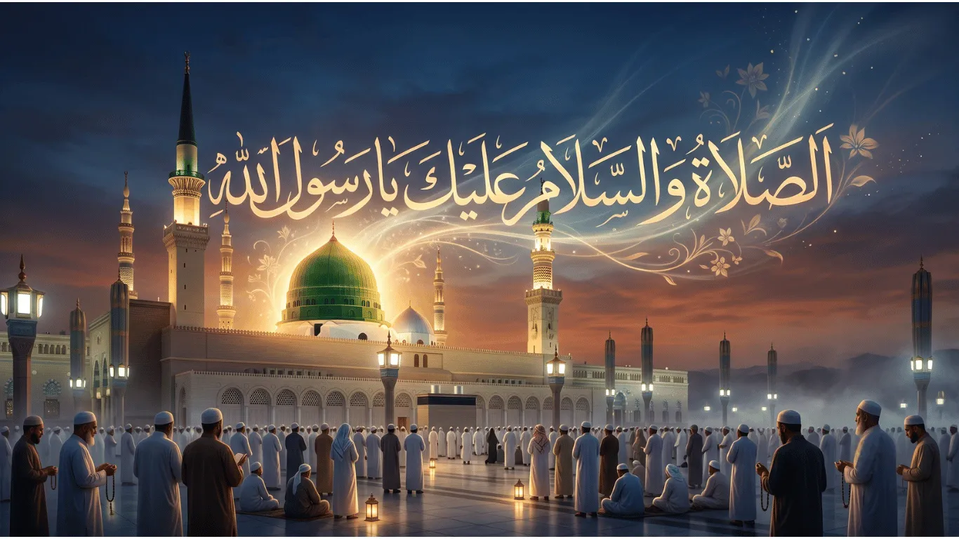 Glowing Arabic calligraphy of Assalatu Wassalamu Alaika Ya Rasool Allah shining over the Green Dome of the Prophet's Mosque in Medina, with pilgrims gathered in prayer at dusk.