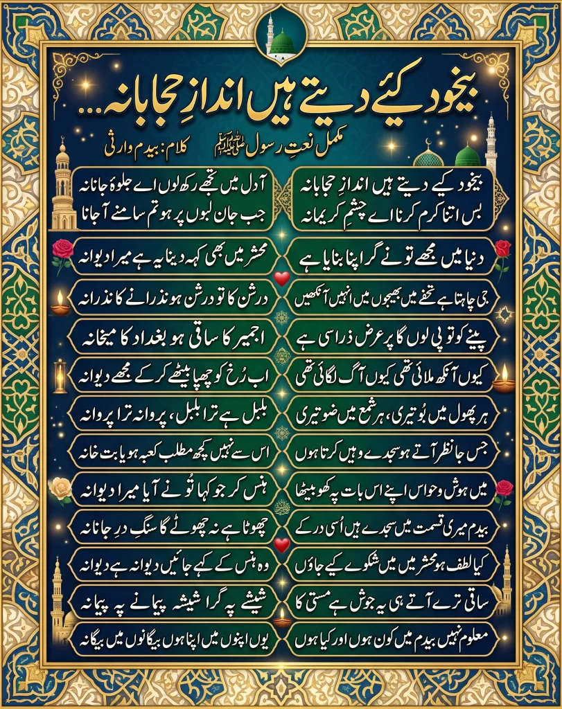 Complete Urdu lyrics of Bekhud Kiye Dete Hain Andaaz-e-Hijabana by Sufi poet Hazrat Bedam Shah Warsi presented in a structured, decorative Islamic graphic.