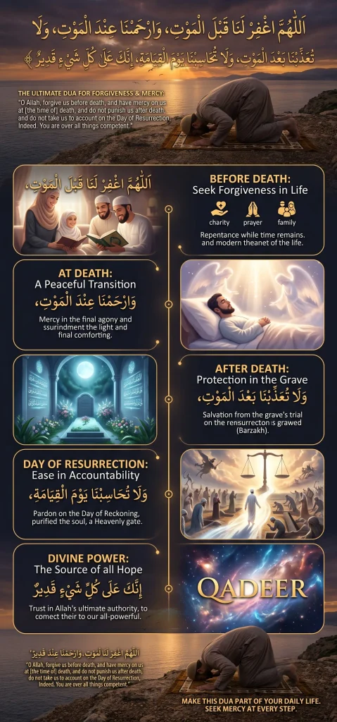 A detailed, vertical flowchart infographic in gold and dark tones, guiding a user through seeking divine forgiveness. At the top, a solitary Muslim man is in deep prostration (sujood) on a prayer rug. Large, prominent gold Arabic calligraphy displays the full Dua for forgiveness and mercy. Below it, a title reads: 'THE ULTIMATE DUA FOR FORGIVENESS & MERCY' with a full English translation. The infographic then branches into five detailed sections with beautiful illustrations and Arabic snips:BEFORE DEATH: Title 'Seek Forgiveness in Life' with icons for charity, prayer, and family. Illustration of a family reading Quran. Text: 'Repentance while time remains, and modern means of the life.'AT DEATH: Title 'A Peaceful Transition' with an illustration of a dying person on a bed surrounded by comforting angels. Text: 'Mercy in the final agony and surrounding light and final comforting.'AFTER DEATH: Title 'Protection in the Grave' with an illustration of a luminous, flower-filled grave chamber bathed in moonlight. Text: 'Salvation from the grave's trial on the resurrection is granted (Barzakh).'DAY OF RESURRECTION: Title 'Ease in Accountability' with an illustration of people being judged with divine scales and a Heavenly gate. Text: 'Pardon on the Day of Reckoning, purified the soul, a Heavenly gate.'DIVINE POWER: Title 'The Source of all Hope' with a cosmic backdrop and large letters reading 'QADEER'. Text: 'Trust in Allah's ultimate authority, connect their to our all-powerful.'At the very bottom, another man is in sujood, with a final call to action to make this Dua daily and seek mercy at every step.