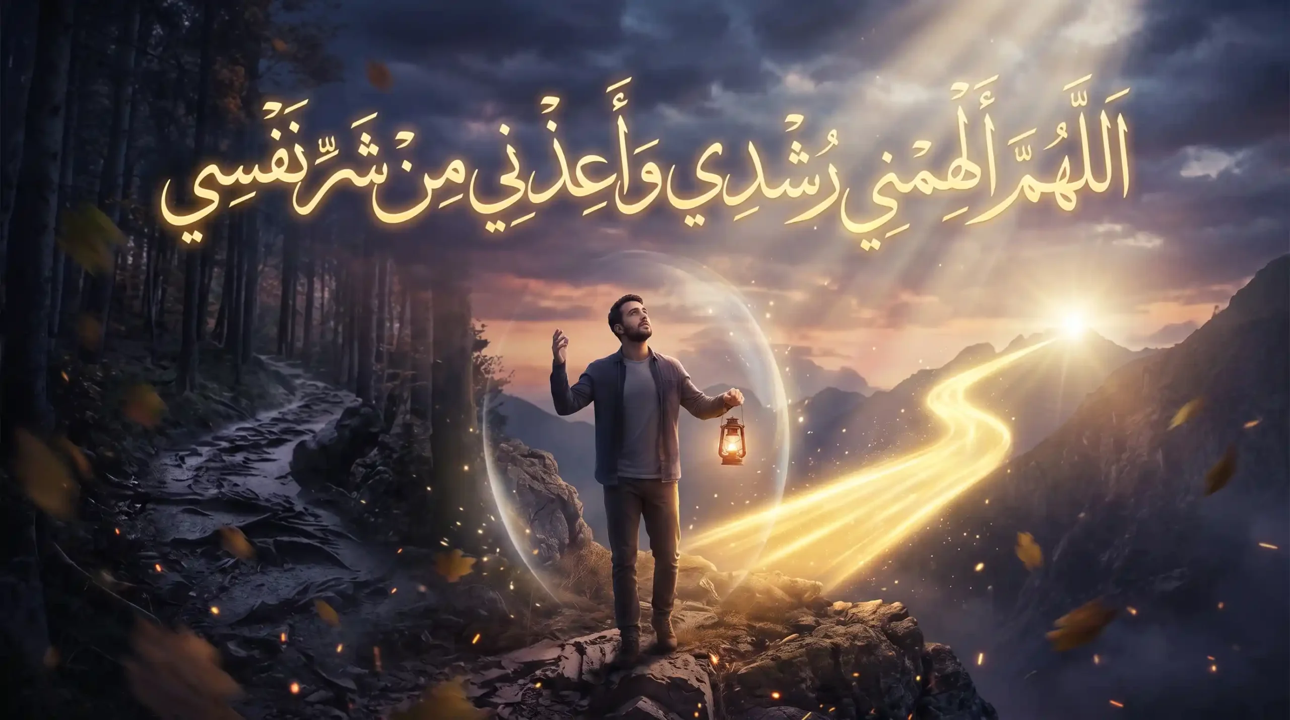 A spiritual illustration of a man standing on a glowing path seeking divine guidance, representing the Islamic Dua Allahumma Alhimni Rushdi.