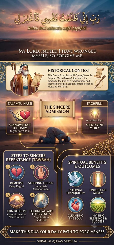 A detailed vertical infographic guide in sunset desert tones. The top features the gold Arabic and English text from Quran 28:16: 'رَبِّ إِنِّي ظَلَمْتُ نَفْسِي فَاغْفِرْ لِي' and 'My Lord, indeed I have wronged myself, so forgive me.' Sections include: Historical Context (Prophet Musa), Word-by-Word Breakdown, Spiritual Benefits (icons for healing and peace), and Practical Application Guide (when to recite).