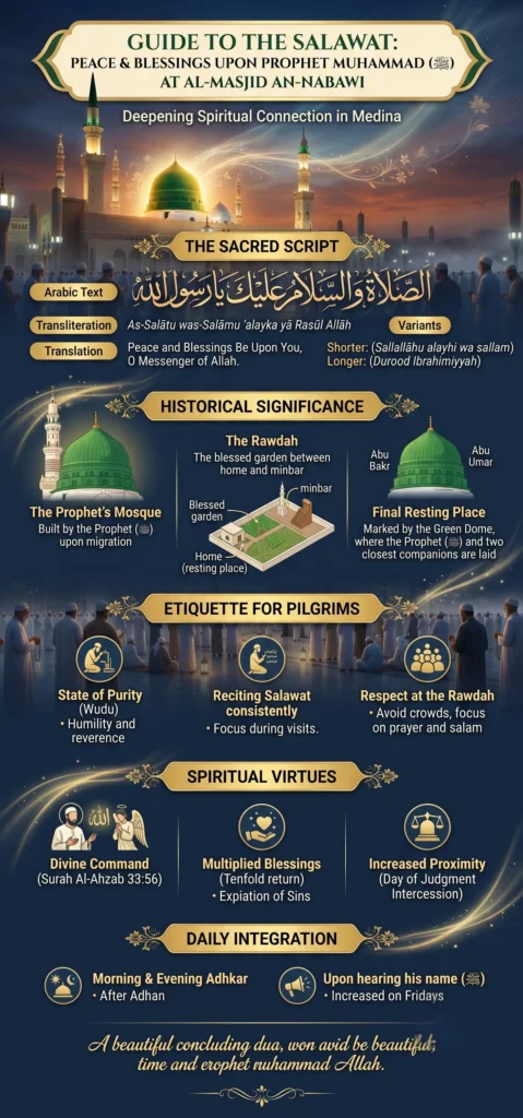 A detailed infographic guide to the Salawat, featuring the Arabic script, transliteration, and translation of Assalatu Wassalamu Alaika Ya Rasool Allah. It includes a map of the Rawdah, pilgrim etiquette, and the spiritual virtues of sending blessings upon Prophet Muhammad.