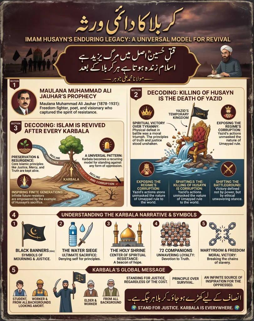 A detailed infographic explaining Imam Hussain's enduring legacy at the Battle of Karbala. It breaks down Maulana Muhammad Ali Jauhar's prophecy, the spiritual victory over Yazid's corruption, and key symbols of Ashura including black banners, the water siege, the 72 companions, and the Holy Shrine.